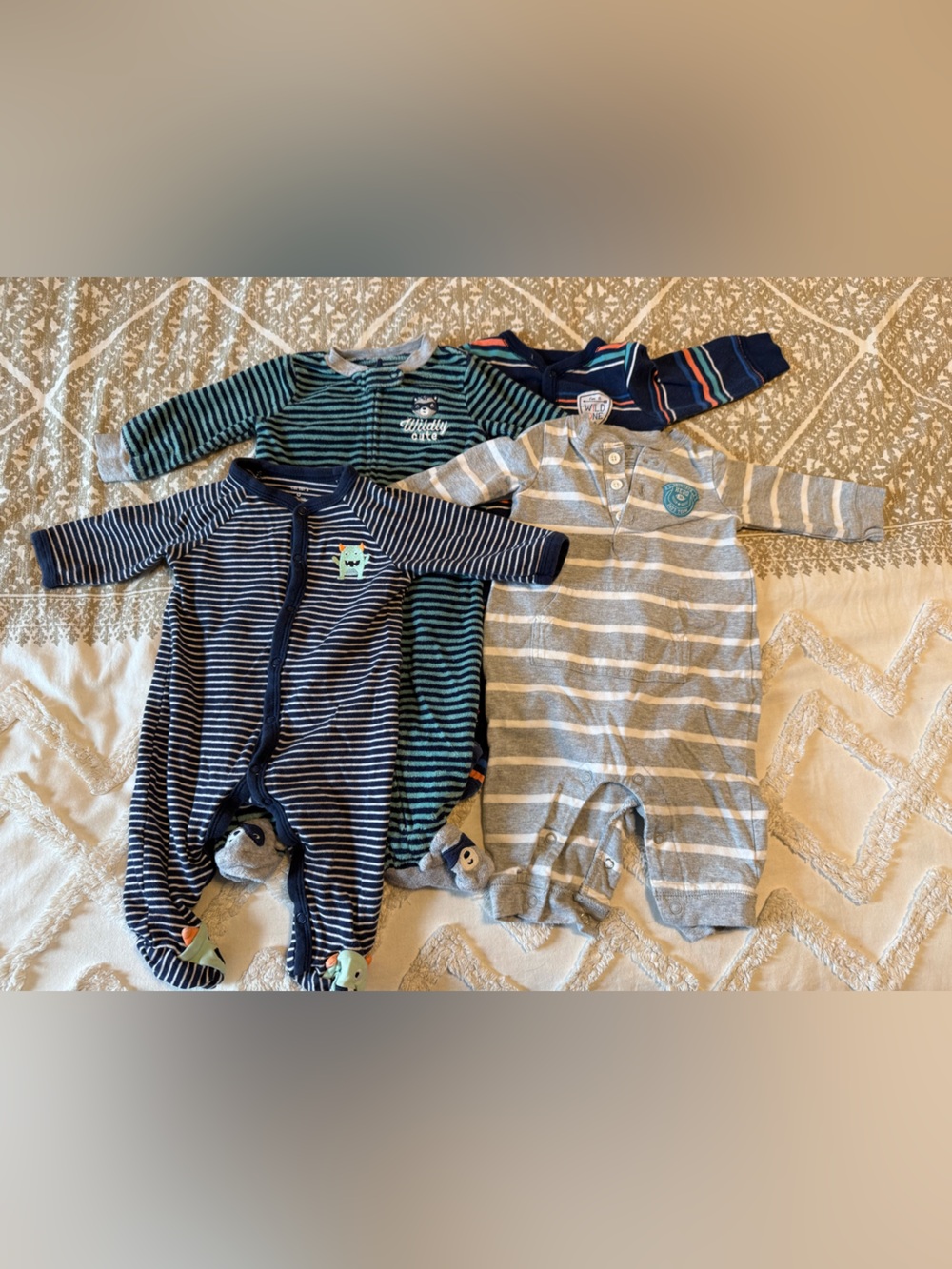 Carter's Striped Footed One-Pieces in Navy, Gray & Teal Size six months set of 4